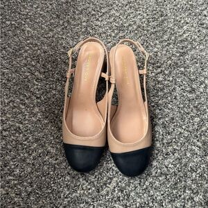 Madden Girl Beige and Black Two-Tone Slingback Mules
